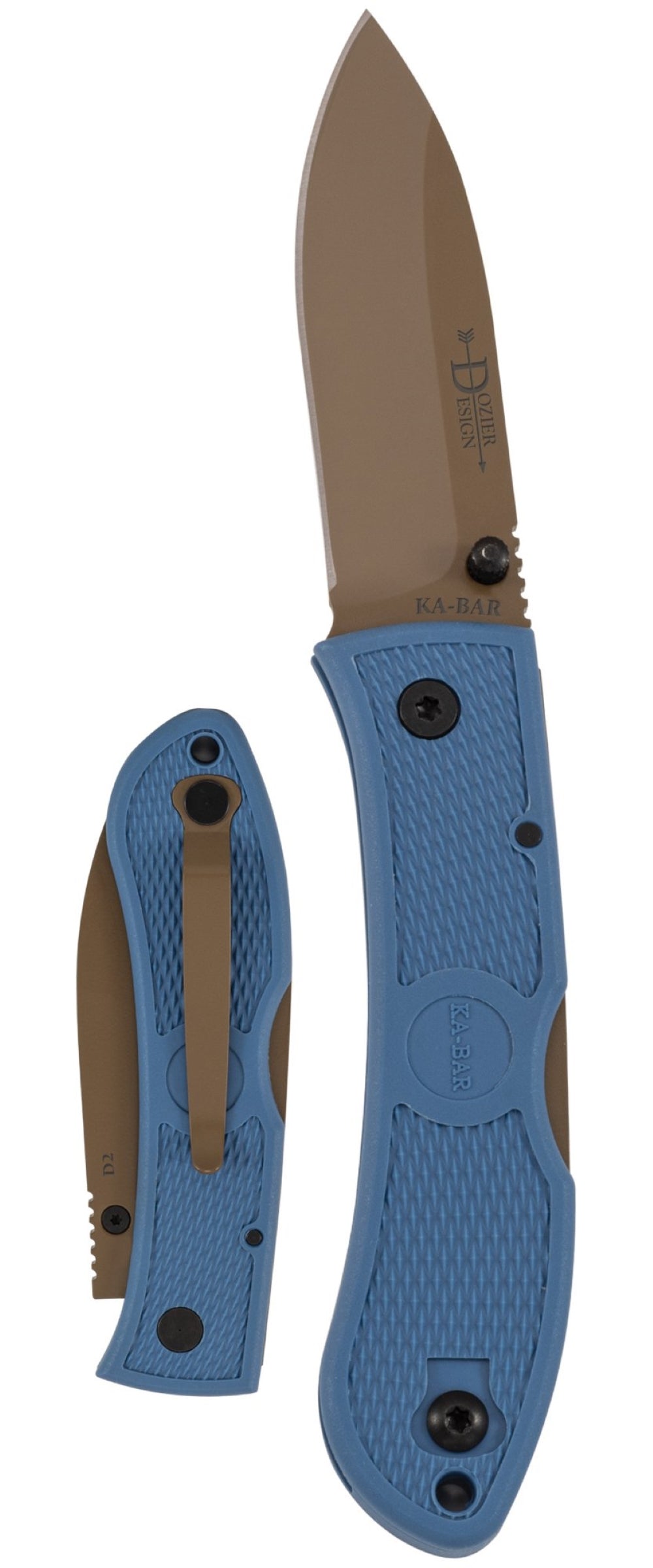 KA-BAR Dozier D2 Folding Hunter Knife, Blue, Pocket Clip + Thumb Stud #4062D2