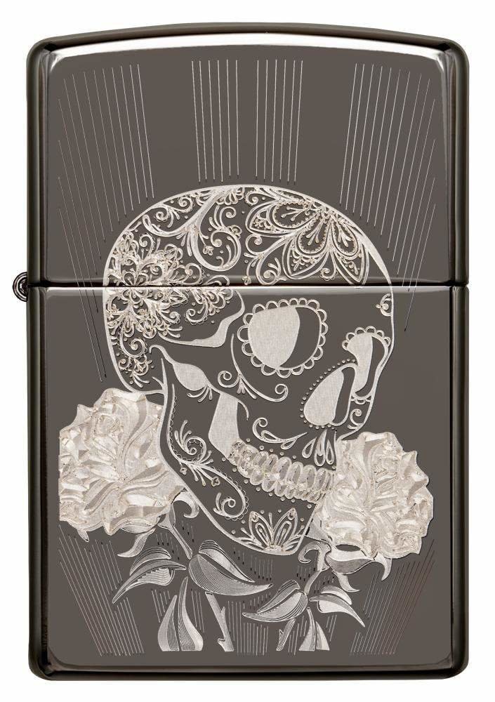 Zippo Fancy Skull, Laser Engraved Skull with Flowers, Windproof Lighter #29883