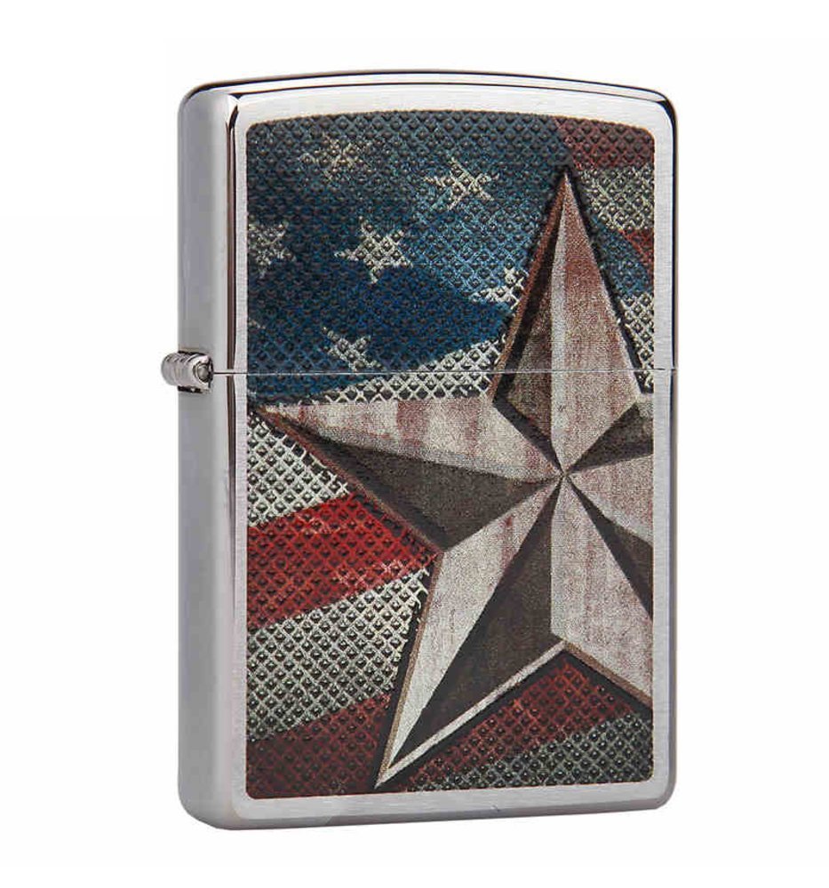 Zippo Retro Star and Flag Lighter, Brushed Chrome, Windproof #28653