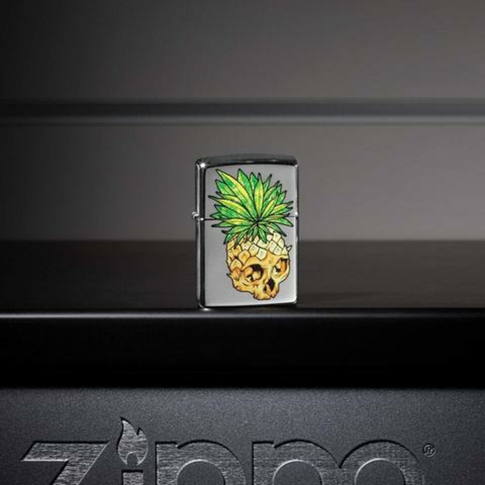 Zippo Pineapple Skull Cannabis Design, High Polish Chrome Lighter #49241