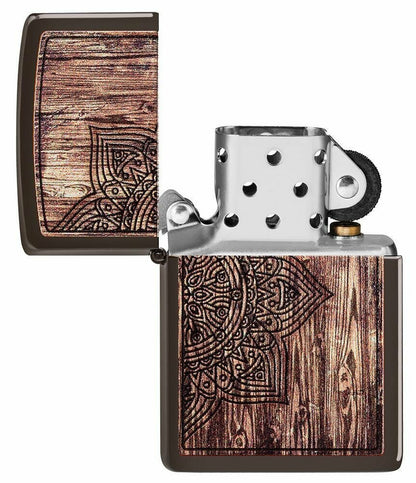 Zippo Wood Mandala Buddhism Hinduism, Brown Windproof Pocket Lighter #49184