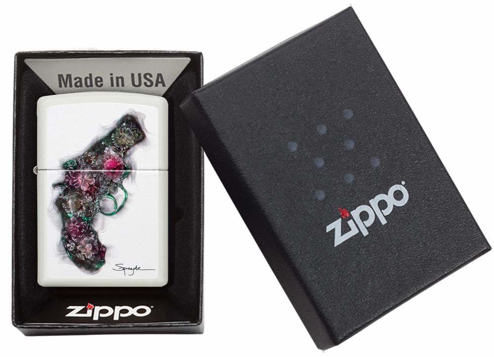Zippo Spazuk Gun with Flowers, White Matte, Genuine Windproof Lighter #29894