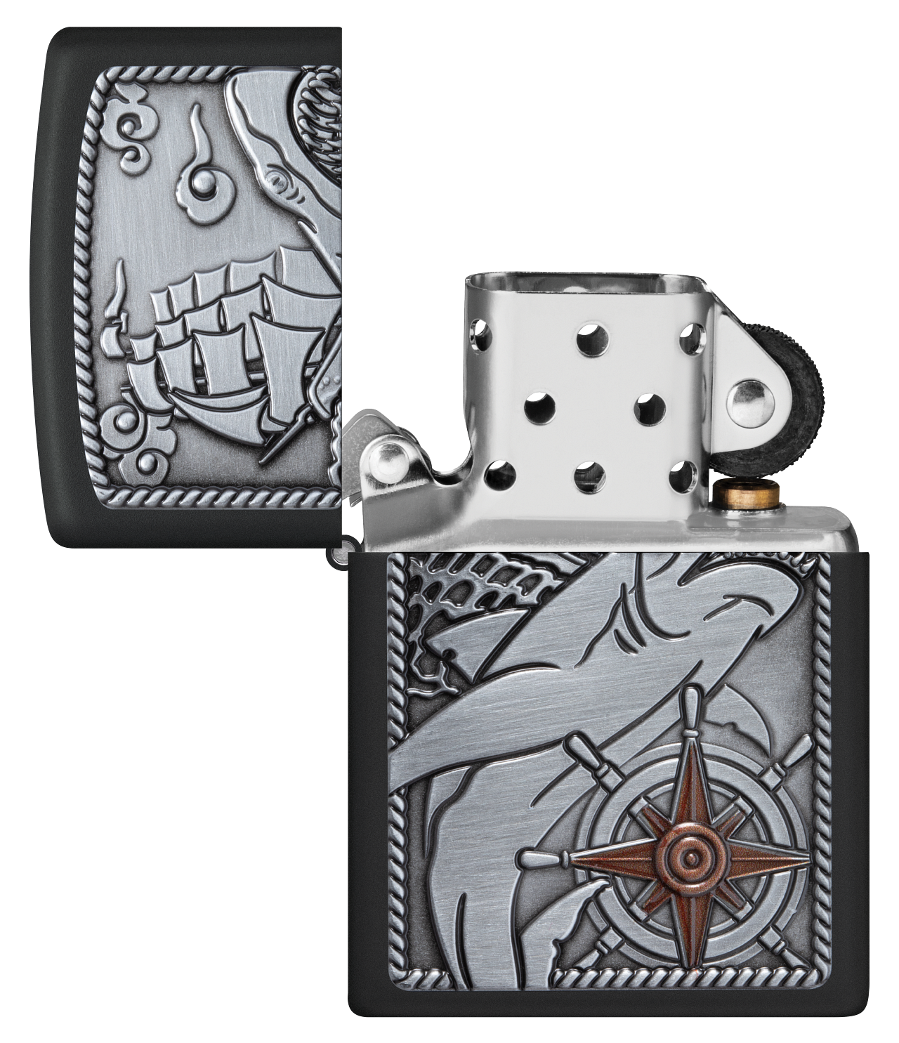 Zippo Nautical Shark Emblem Attached, Black Matte Lighter #48120