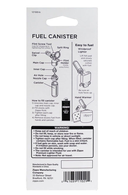 Zippo Aluminum Fuel Canister, Reusable, Key Ring, Flint Storage + More #121503