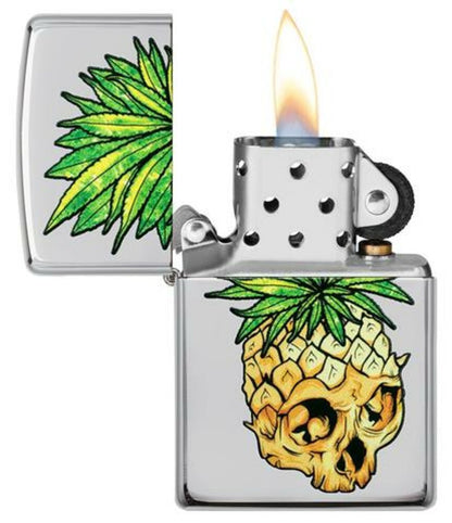 Zippo Pineapple Skull Cannabis Design, High Polish Chrome Lighter #49241