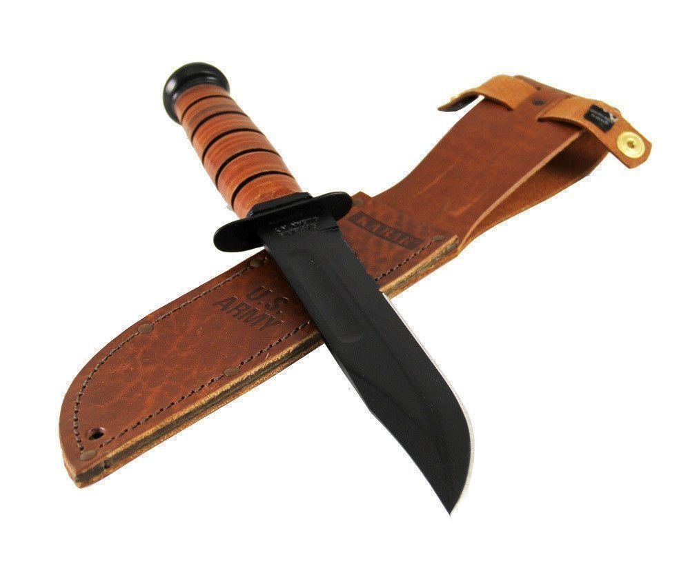 KA-BAR US Army 7" Fixed Blade Knife, Serrated Leather Handle, Brown Sheath #1219