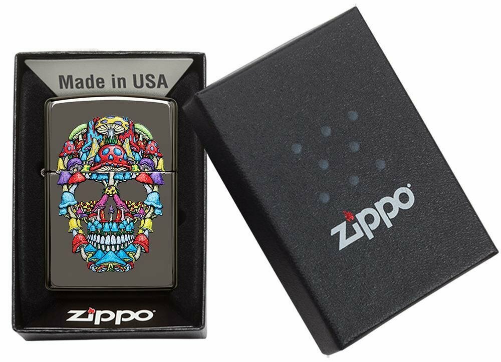 Zippo Psychedelic Skull Mushroom, Black Ice Finish Genuine Pocket Lighter #49135
